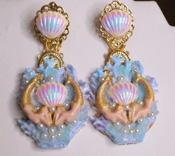 SOLD! 6232 Baroque Hand Painted Blue Coral Reef Mermaids Stunning Studs Earrings - Image 4