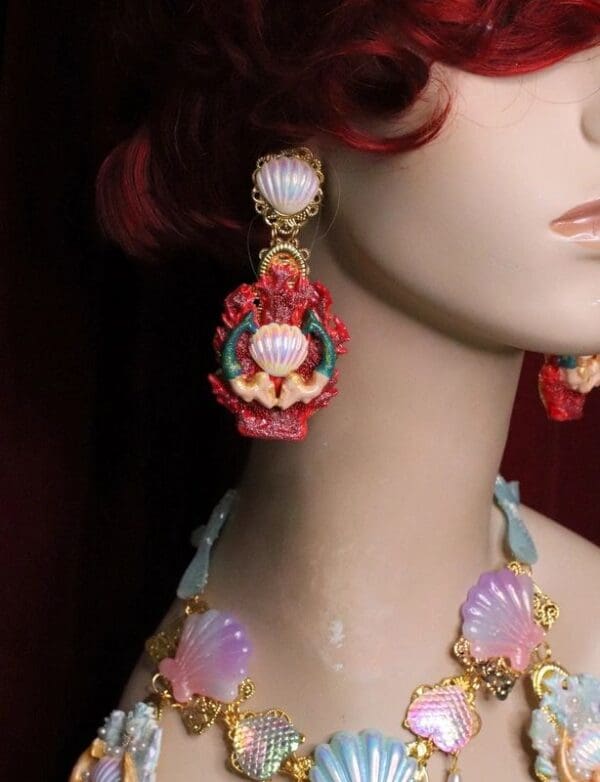 SOLD! 6233 Baroque Hand Painted Red Coral Reef Mermaids Stunning Studs Earrings - Image 5