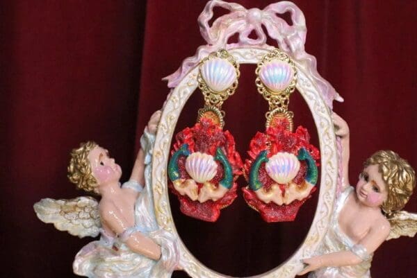 SOLD! 6233 Baroque Hand Painted Red Coral Reef Mermaids Stunning Studs Earrings - Image 2