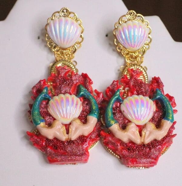 SOLD! 6233 Baroque Hand Painted Red Coral Reef Mermaids Stunning Studs Earrings - Image 4