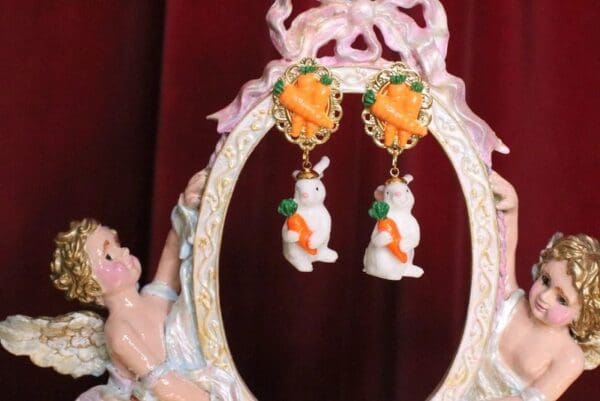 SOLD! 6234 Adorable 3D Effect Art Jewelry Bunny Carrots Statement Earrings - Image 6