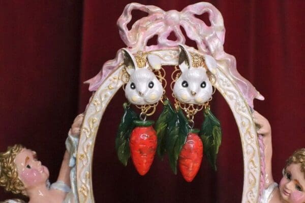 SOLD! 6235 Adorable Enamel Bunny Rabbit Carrot Cabbage Hand Painted Earrings - Image 2