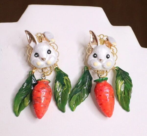 SOLD! 6235 Adorable Enamel Bunny Rabbit Carrot Cabbage Hand Painted Earrings