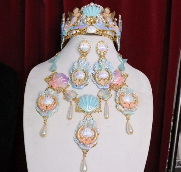 SOLD! 6236 Hand Painted Baroque Mermaids Coral Reef Massive Necklace