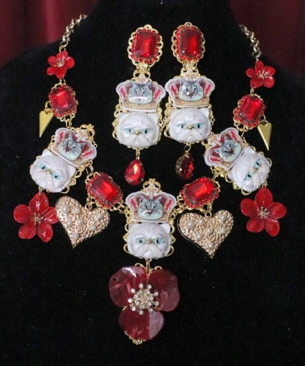 SOLD! 6261 Baroque Enamel Cats Red Sicilian Flowers Necklace - Image 2