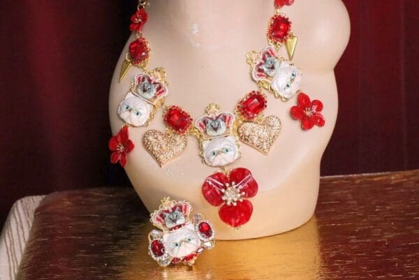 SOLD! 6261 Baroque Enamel Cats Red Sicilian Flowers Necklace - Image 7