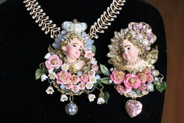 SOLD! 6270 Baroque Hand Painted Vivid Chubby Cherub Angel Fuchsia Roses Brooch