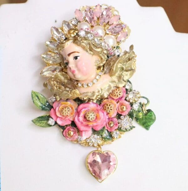 SOLD! 6270 Baroque Hand Painted Vivid Chubby Cherub Angel Fuchsia Roses Brooch - Image 8