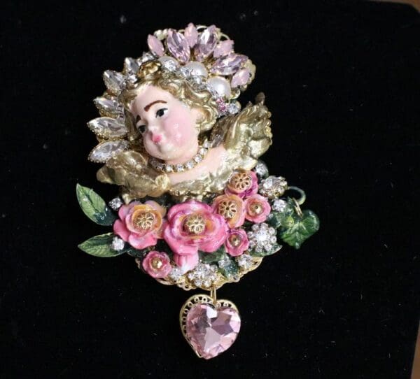 SOLD! 6270 Baroque Hand Painted Vivid Chubby Cherub Angel Fuchsia Roses Brooch - Image 2