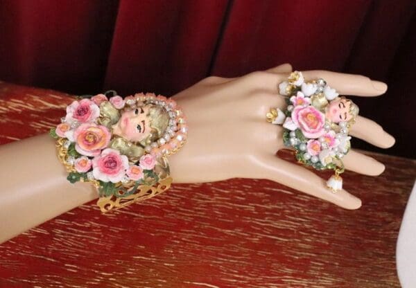 SOLD! 6272 Baroque Hand Painted Vivid Cherub Angle Roses Cuff Bangle - Image 2