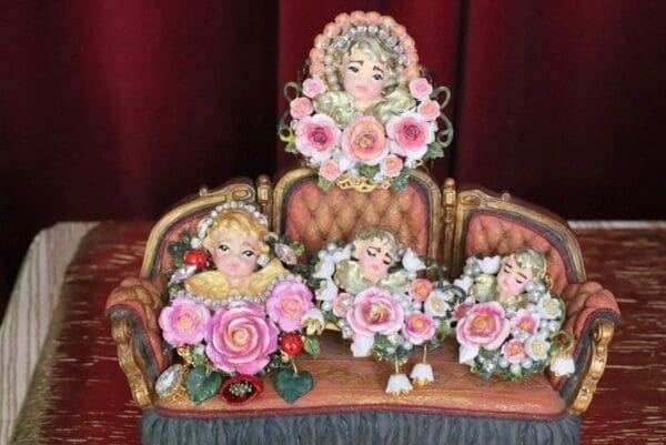 SOLD! 6272 Baroque Hand Painted Vivid Cherub Angle Roses Cuff Bangle - Image 7