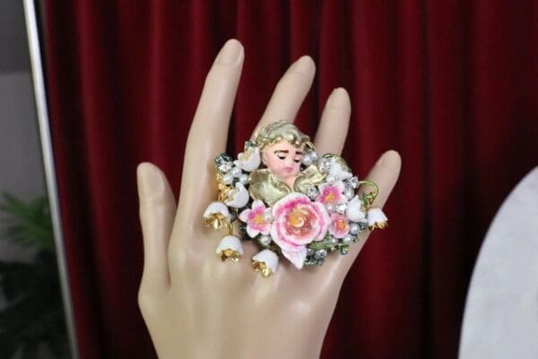 SOLD! 6273 Baroque Hand Painted Orchids Sleeping Putti 2 Fingers Massive Cocktail Adjustable Ring - Image 4