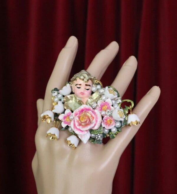 SOLD! 6273 Baroque Hand Painted Orchids Sleeping Putti 2 Fingers Massive Cocktail Adjustable Ring - Image 5