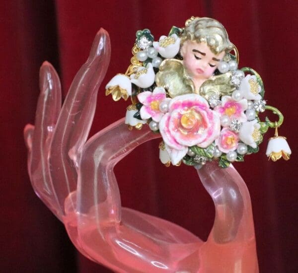 SOLD! 6273 Baroque Hand Painted Orchids Sleeping Putti 2 Fingers Massive Cocktail Adjustable Ring