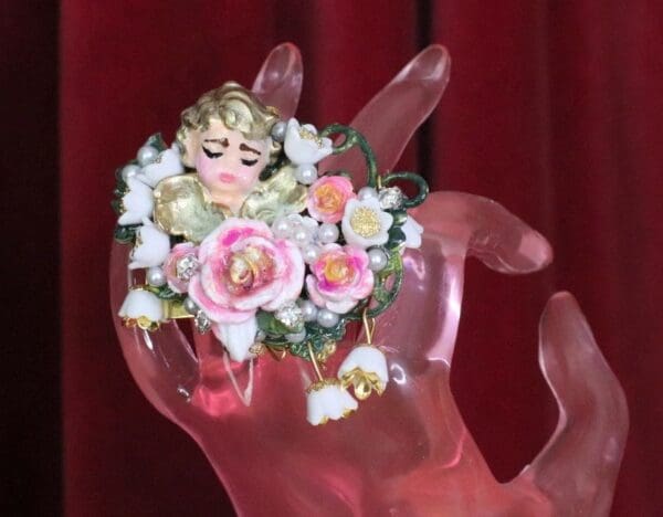SOLD! 6273 Baroque Hand Painted Orchids Sleeping Putti 2 Fingers Massive Cocktail Adjustable Ring - Image 6