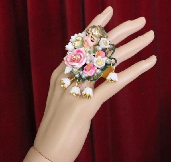 SOLD! 6274 Baroque Hand Painted Roses Sleeping Putti 2 Fingers Massive Cocktail Adjustable Ring - Image 3