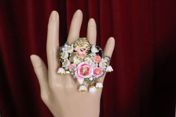 SOLD! 6274 Baroque Hand Painted Roses Sleeping Putti 2 Fingers Massive Cocktail Adjustable Ring - Image 4