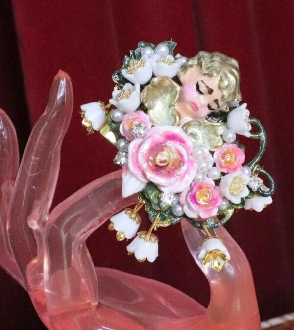 SOLD! 6274 Baroque Hand Painted Roses Sleeping Putti 2 Fingers Massive Cocktail Adjustable Ring - Image 2