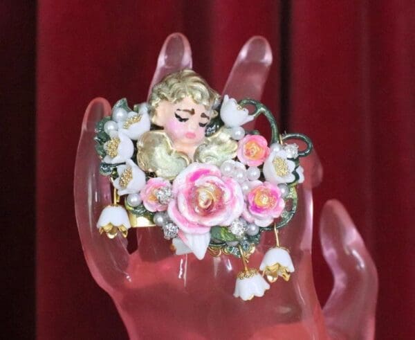 SOLD! 6274 Baroque Hand Painted Roses Sleeping Putti 2 Fingers Massive Cocktail Adjustable Ring - Image 5