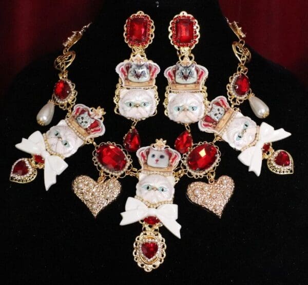 SOLD! 6275 Baroque Enamel Cats Red Rhinestone Sicilian Necklace - Image 2