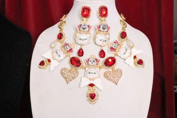SOLD! 6275 Baroque Enamel Cats Red Rhinestone Sicilian Necklace - Image 3