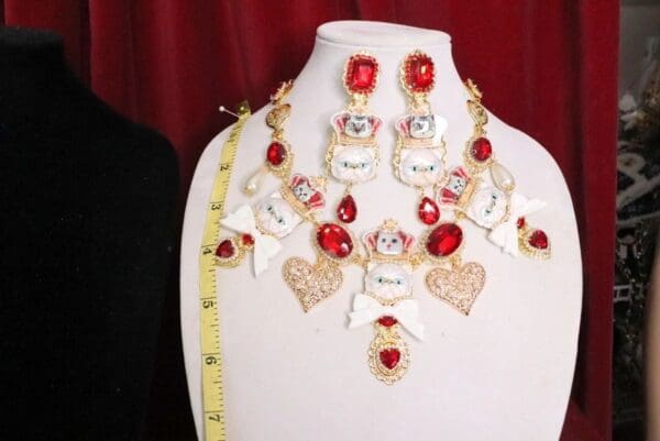 SOLD! 6275 Baroque Enamel Cats Red Rhinestone Sicilian Necklace - Image 4