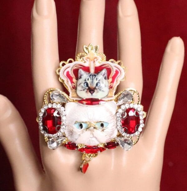 SOLD! 6276 Baroque Enamel Cat Runway Massive Cocktail Adjustable Ring