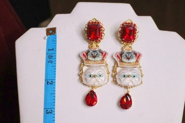 SOLD! 6278 Baroque Enamel Cats Red Rhinestone Studs Earrings - Image 9