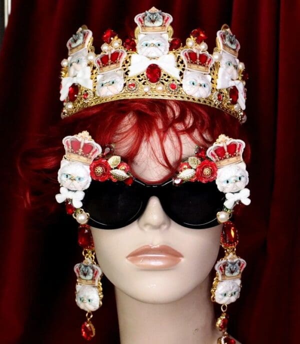 SOLD! 6278 Baroque Enamel Cats Red Rhinestone Studs Earrings - Image 2