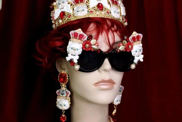 SOLD! 6278 Baroque Enamel Cats Red Rhinestone Studs Earrings - Image 3