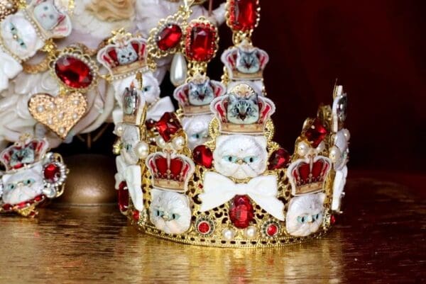 SOLD! 6290 Baroque Enamel Cats Red Rhinestones Stunning Crown