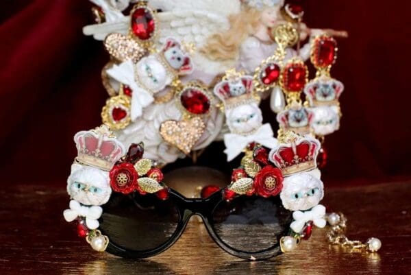 SOLD! 6291 Baroque Enamel Cats Crown Embellished Sunglasses - Image 2
