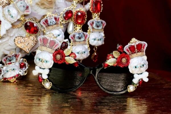 SOLD! 6291 Baroque Enamel Cats Crown Embellished Sunglasses - Image 3