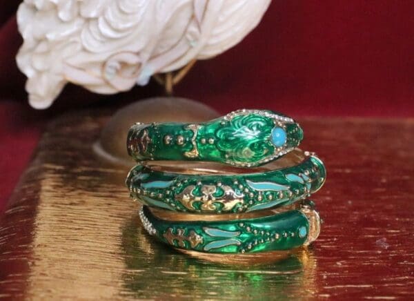 SOLD! 6293 Baroque Enamel Green Snake Wrap Adjustable Bracelet - Image 5