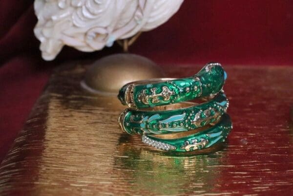 SOLD! 6293 Baroque Enamel Green Snake Wrap Adjustable Bracelet - Image 6