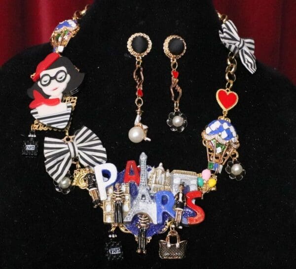 SOLD! 6296 Set Of I Love Paris Irregular Enamel Unusual Necklace+ Earrings - Image 3