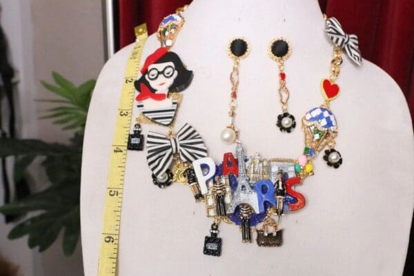 SOLD! 6296 Set Of I Love Paris Irregular Enamel Unusual Necklace+ Earrings - Image 4