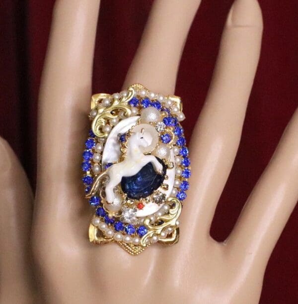 SOLD! 6301 Genuine Huge Mother Of Pearls Unicorn Cocktail Adjustable Ring - Image 2
