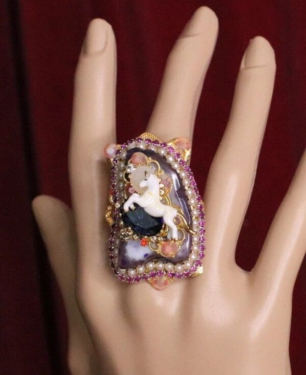 SOLD! 6302 Genuine Huge Lace Agate Unicorn Cocktail Adjustable Ring - Image 6