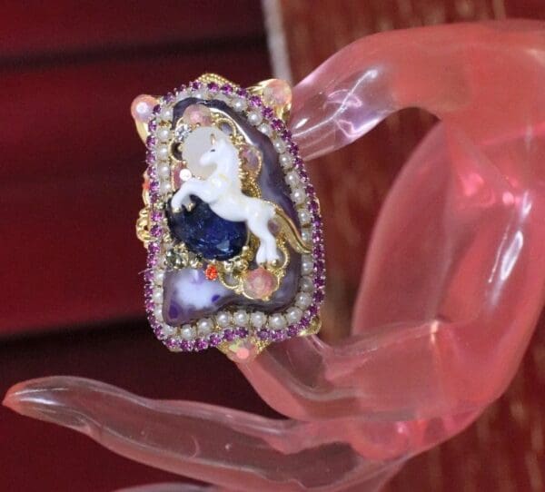 SOLD! 6302 Genuine Huge Lace Agate Unicorn Cocktail Adjustable Ring