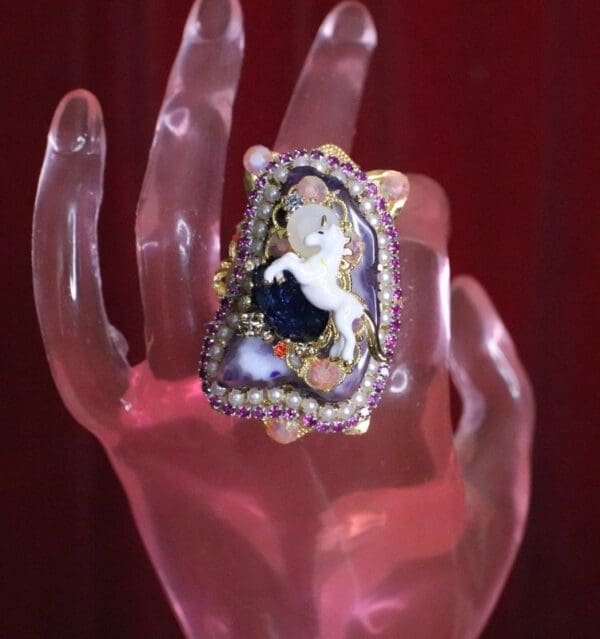 SOLD! 6302 Genuine Huge Lace Agate Unicorn Cocktail Adjustable Ring - Image 2