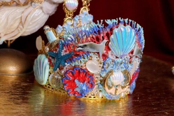 SOLD! 6310 Baroque Hand Painted Nautical Marine Mermaids Coral Reef Stunning Crown - Image 2