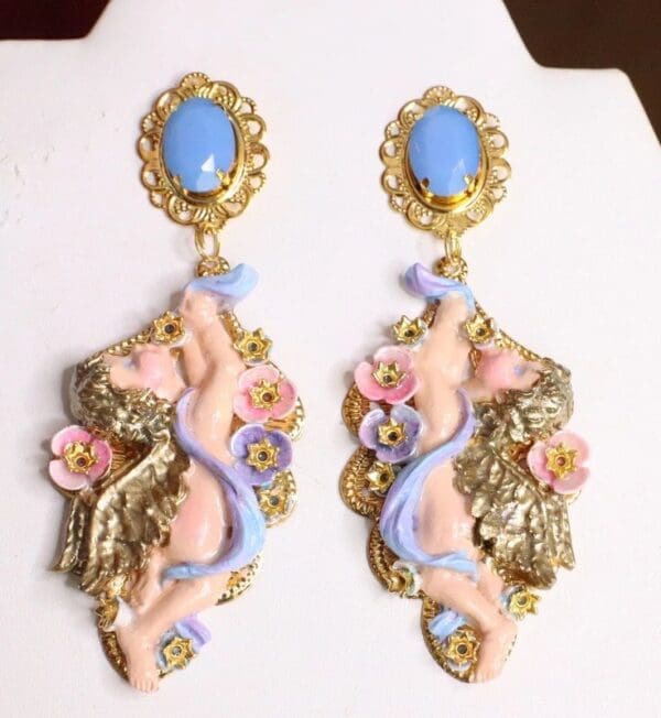 SOLD! 6313 Baroque Faced Cherubs Angels Hand Painted Earrings - Image 7