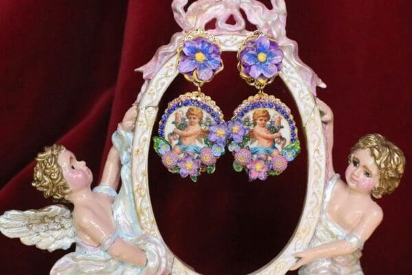 SOLD! 6338 Baroque Cherub Angel Cameo Purple Flowers Earrings - Image 2