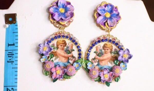 SOLD! 6338 Baroque Cherub Angel Cameo Purple Flowers Earrings - Image 3