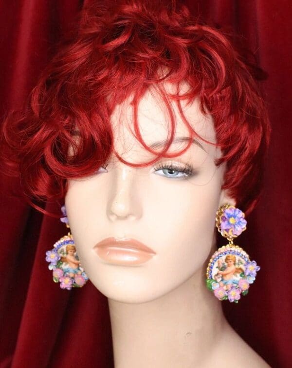 SOLD! 6338 Baroque Cherub Angel Cameo Purple Flowers Earrings - Image 6