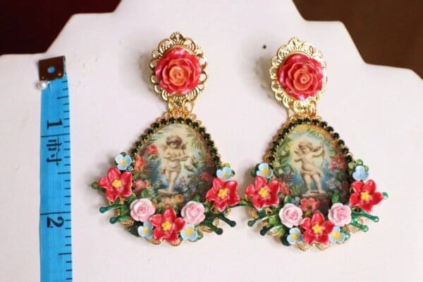SOLD! 6339 Baroque Cherub Angel Cameo Red Flowers Earrings - Image 3