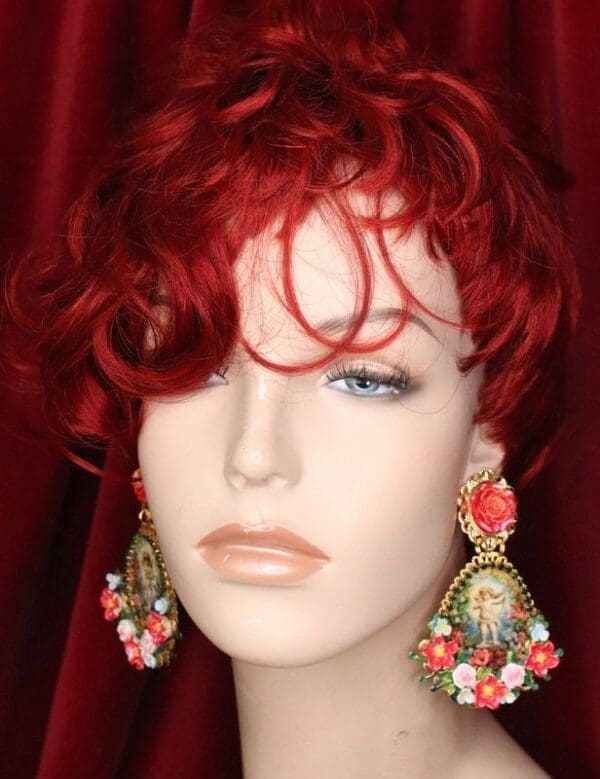 SOLD! 6339 Baroque Cherub Angel Cameo Red Flowers Earrings - Image 7