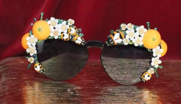 SOLD! 6342 Baroque Orange Fruit Sicilian Sided Flower Blossom Bee Embellished Sunglasses - Image 2