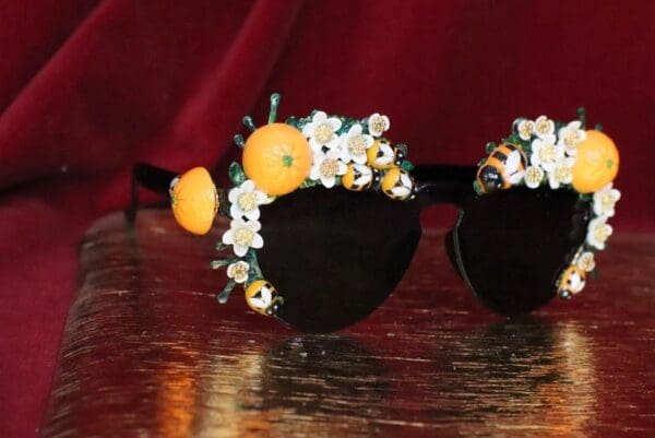 SOLD! 6342 Baroque Orange Fruit Sicilian Sided Flower Blossom Bee Embellished Sunglasses - Image 3